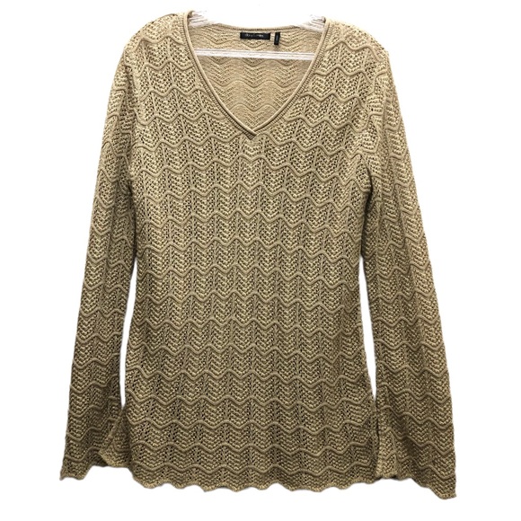 Daisy Fuentes W Size L Tan Long Sleeve Chevron Scalloped Stripe Print Sweater - Picture 1 of 7